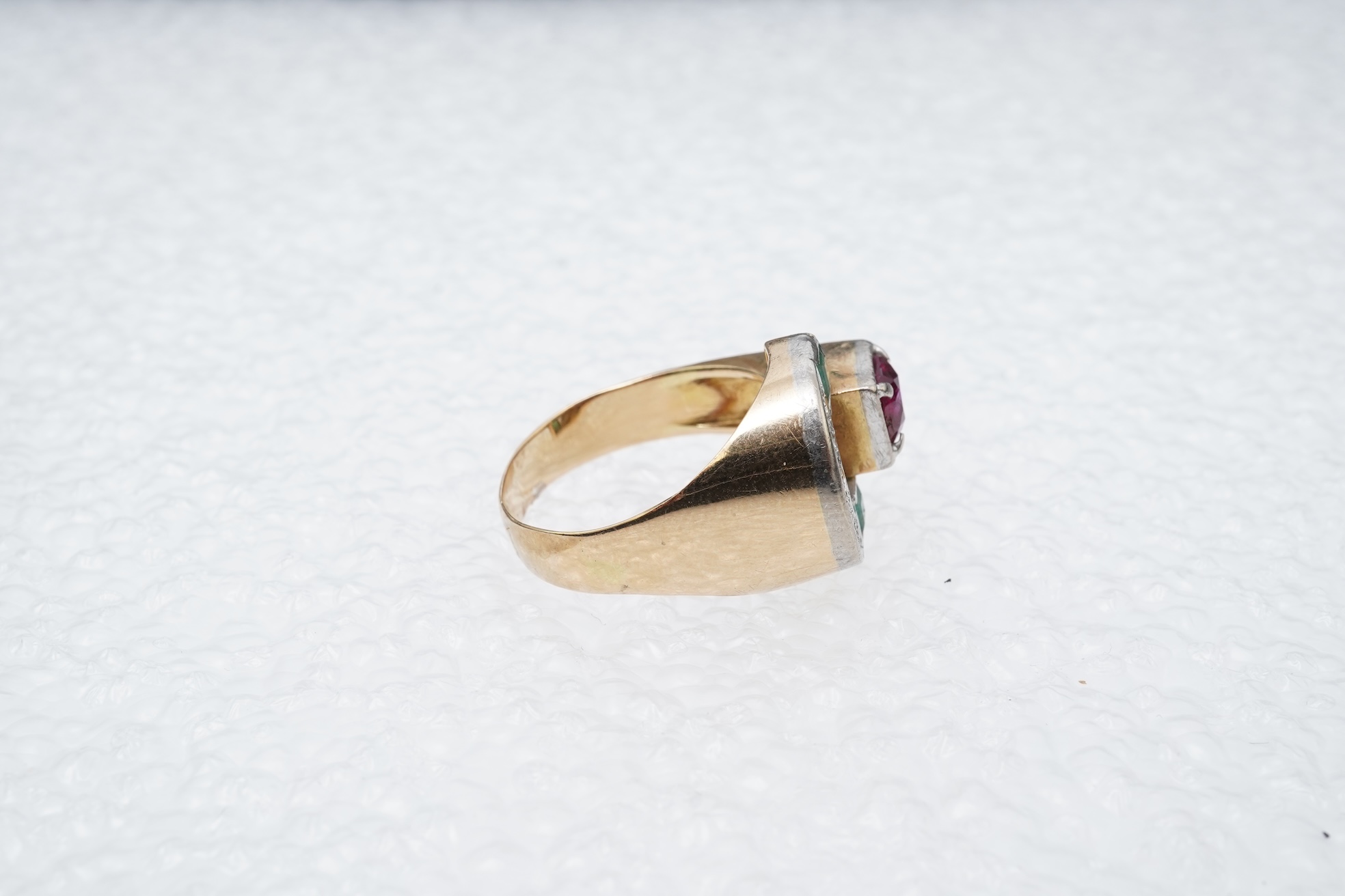 A ruby, emerald and diamond ring, mid 20th century